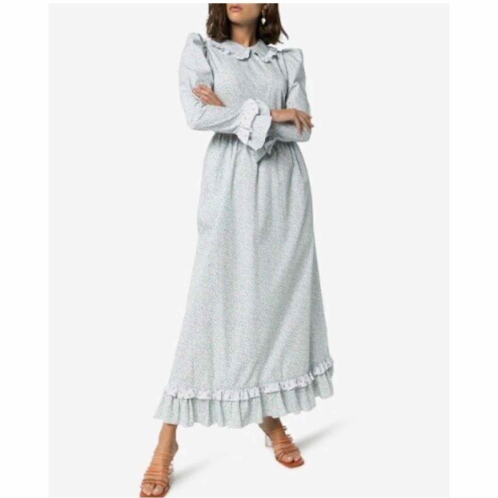 Batsheva Long Ruffle Prairie Ditsy Floral Maxi Dress Size 0 XS Blue Purple
